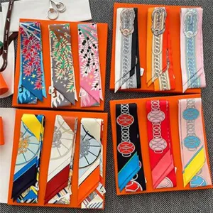Silk twilly scarf for women, classic printed ribbon scarf for stylish neck wear or bag accessory.