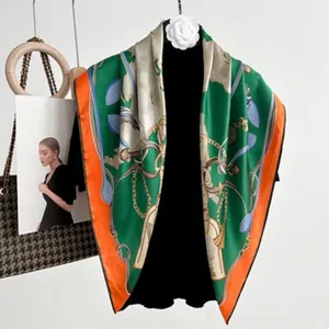 Silk square scarf detail, 53cm green orange crepe de chine, French style elegant accessory.