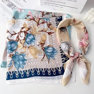 Elegant floral print square scarf, retro design silk feel neckerchief for women daily wear.