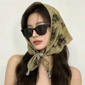 Vintage Paisley Floral Triangle Scarf Lightweight Breathable Headwear With Lace Trim And Beads