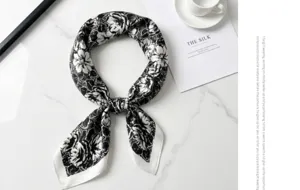 Black and white floral silk scarf 70cm square fashion neckerchief for women elegant wrap.