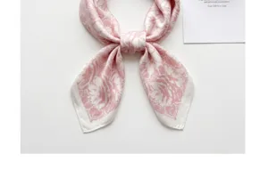 Pink floral imitation silk square scarf, versatile summer neckerchief and stylish fashion shawl.