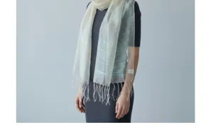 Detailed view of women's silk blend long fringe scarf with elegant sheer texture and drape.