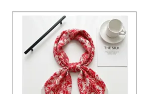 Elegant red white floral print square scarf silk texture versatile fashion accessory for women.
