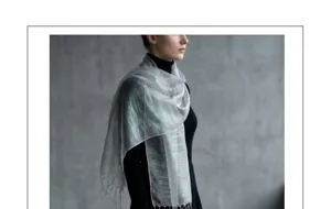 Elegant long silk blend scarf with fringe, lightweight silver and green shiny shawl.