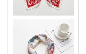 Detail view of women's imitation silk square scarf with elegant floral and tropical prints.