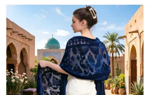 Elegant long blue velvet shawl with bohemian floral burnout design and chic tassel trim.