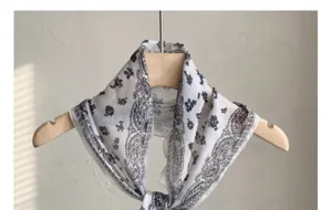 Boho retro floral small scarf, elegant white paisley print neckerchief for women.