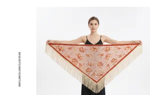 Scialle triangolare in velluto floreale vintage da donna con frange stile russo elegante