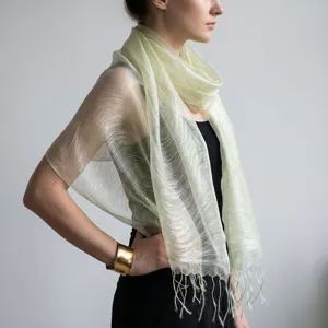 Elegant 100% mulberry silk scarf for women, lightweight sheer long shawl with tassel fringe.
