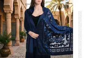 Elegant blue velvet floral embroidered long fringe shawl and wrap for women evening dress.