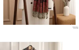Detailed view of women autumn winter warm paisley jacquard long tassel scarf, stylish pattern.