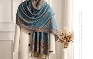Detailed close-up view of the vintage paisley print long tassel winter warm scarf shawl.
