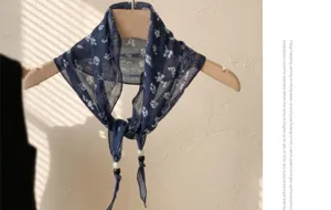 Bohemian vintage floral small silk scarf for women, elegant dark blue neckerchief accessory.