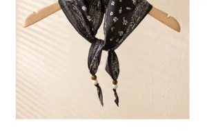 Boho floral print black white small scarf with wooden bead fringe detail elegant neck accessory.