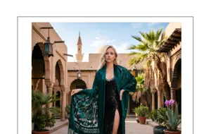 Detailed view of the elegant dark green velvet shawl with floral patterns and fringe design.