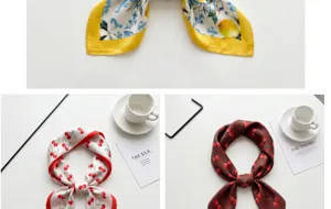 Floral and cherry print imitation silk square scarf for women, elegant 70cm fashion accessory.