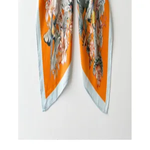 Simulation silk square scarf for women, tropical floral print, versatile summer accessory.