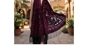 Elegant burgundy velvet shawl with fringe detail, perfect bohemian accessory for evening wear.