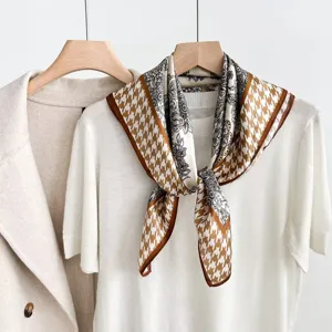 Elegant women square silk scarf with paisley houndstooth pattern brown white neck scarf chic