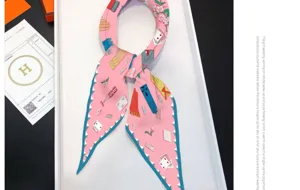 Luxury silk twilly scarf for women, elegant floral and card pattern neck scarf wrap accessory.