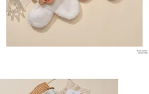 Kids winter plush scarf detail view, cute dachshund puppy design, soft warm baby bib for cold days.