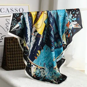 Silk square scarf 70x70cm navy blue nautical print luxury mulberry silk neckerchief women