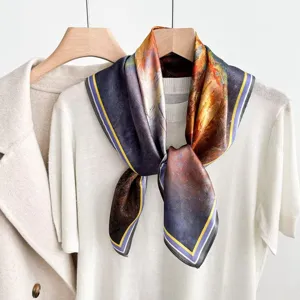 Silk scarf featuring an abstract art print design, square shape, elegant neck accessory.