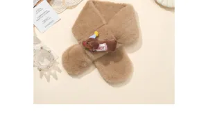 Cute winter plush cross scarf for kids, warm faux fur neckerchief with dog toy, cozy.
