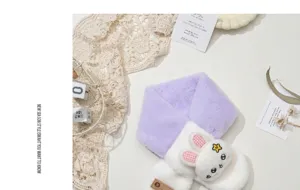 Children plush winter scarf with cute cartoon rabbit design, soft and warm for kids.