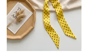 Yellow polka dot long skinny silk scarf, chic neckerchief hair band for women accessory.