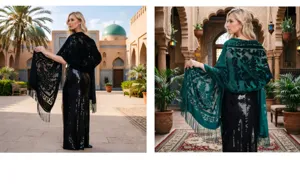 Elegant long velvet fringe shawl with bohemian floral pattern, perfect for evening wear.
