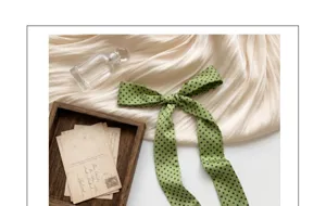 Green polka dot long silk scarf, stylish neckerchief, elegant hair band and hair bow accessory.