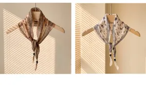 Bohemian vintage floral small scarf with bead pendant, elegant neckerchief for women.