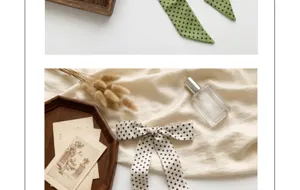 Detailed view of polka dot long skinny scarf and versatile hair ribbon for women.