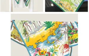 Foulard carré en soie de luxe avec impression de carte vibrante et bords roulés.