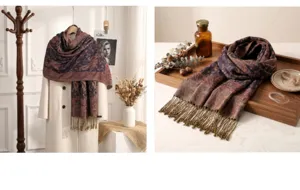 Detail shot of retro paisley jacquard long tassel scarf in cozy home decoration scenes.