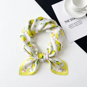 Women Fashion Printed Silk Feel Square Scarf Elegant Floral Lemon Neck Scarf Headwear Daily Accessories
