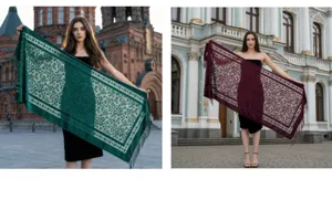Vista dettagliata della sciarpa in jacquard di velluto con frange e motivi raffinati.
