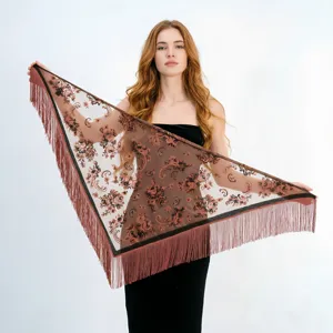 Donna Vintage Etnico Floreale Jacquard Velluto Scialle Nappa Triangolare Sciarpa Elegante Inverno Caldo Mantello