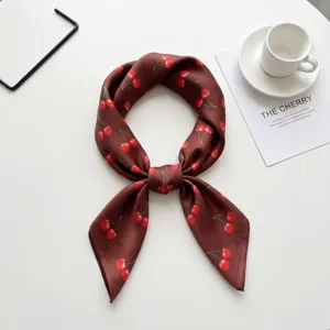 Brown cherry print silk square scarf, elegant neckerchief for women, chic fashion accessory.