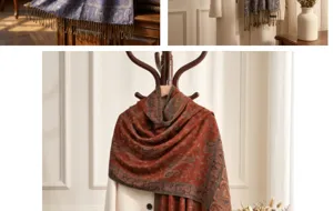 Detailed view of women's autumn winter warm retro paisley jacquard long tassel shawl scarf.