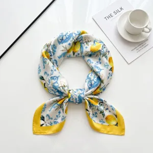 Women silk square scarf with blue baroque and yellow lemon print, 70x70cm chic summer neckerchief.