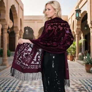 Elegant bohemian velvet long shawl with floral print and fringe for women luxury.