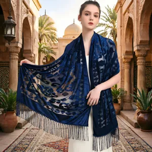 Dark blue velvet fringe shawl scarf for women, elegant long bohemian wrap for evening dress.