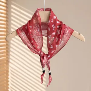 Women's Vintage Floral Paisley Small Scarf Elegant Polyester Neck Scarf With Beaded Accent Fashion Scarf Accessory