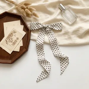Elegantly designed polka dot long hair bow scarf, versatile thin neck scarf and chic headwear ribbon.