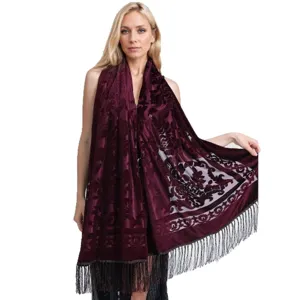 Elegant maroon velvet fringe scarf for women, long boho shawl and cape for evening dress and party.