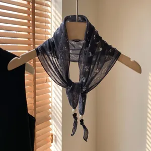 Bohemian vintage floral small scarf for women, elegant cotton linen neck scarf and hair accessory.