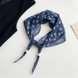Blue floral small silk scarf vintage bandana with pearls elegant neckerchief for women